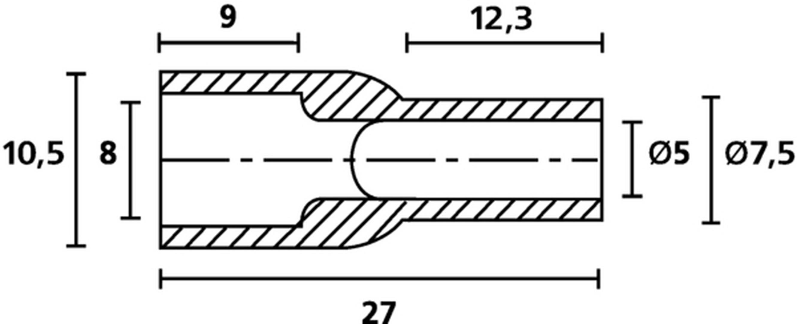 Dessin technique : Coupe transversale d'un raccordement de tuyau. Dimensions : 27 de longueur, 9 et 12,3 segments, extrémités de Ø5 et Ø7,5.