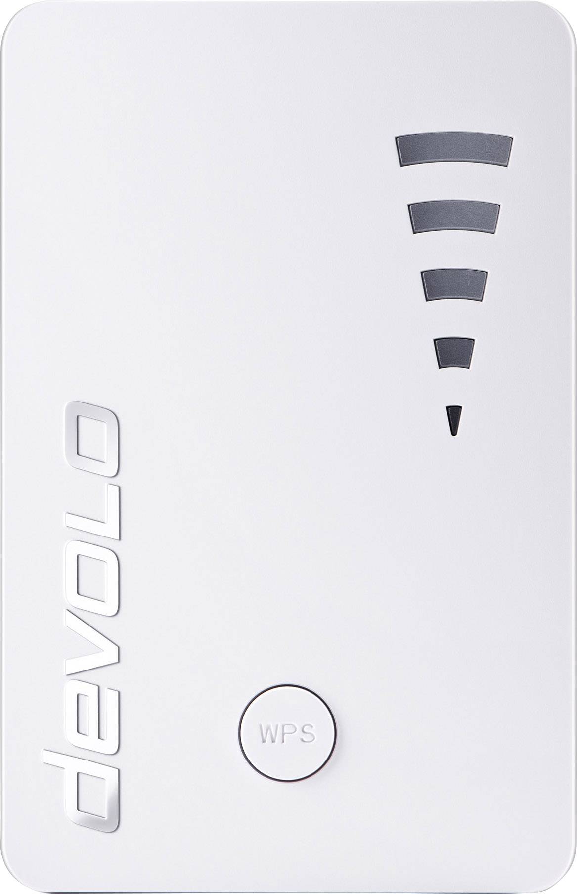 Un répéteur Wi-Fi de la marque 'devolo' avec bouton WPS, affichant la force du signal sur quatre barres.