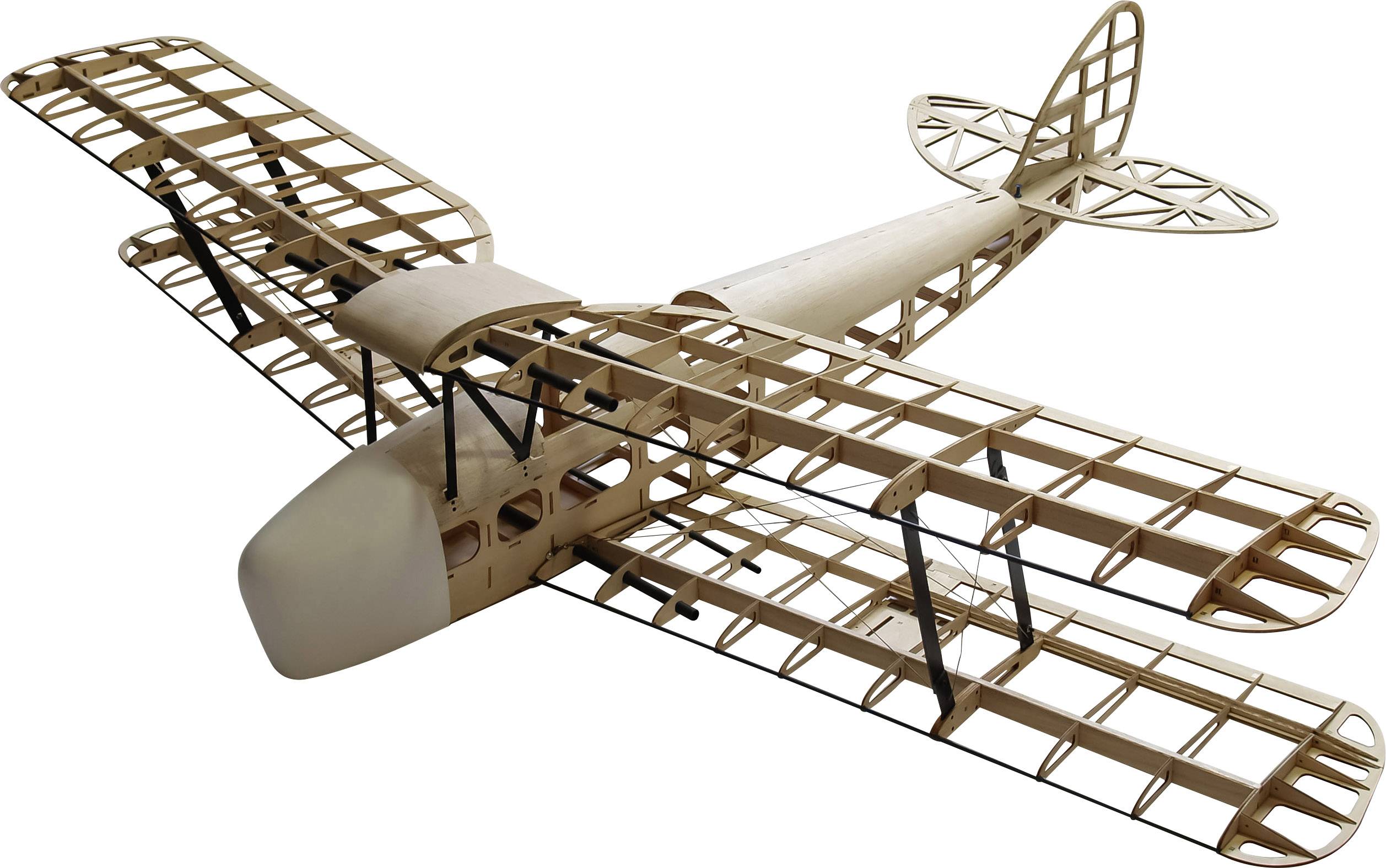 Modèle en bois du squelette d'un avion avec des nervures et une structure d'aile apparentes, sans carénage.
