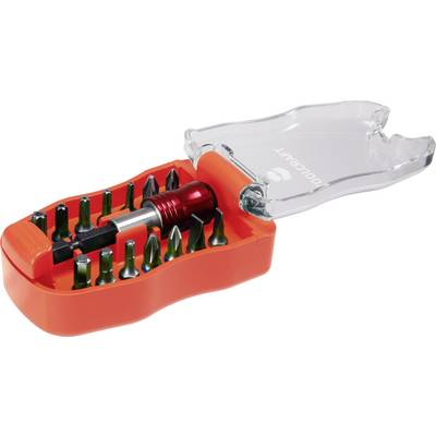 Un ensemble de tournevis rouge avec différents embouts dans un emballage en plastique transparent.