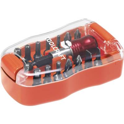Un ensemble de bits rouge et noir de TOOLCRAFT avec différents embouts dans un boîtier en plastique transparent. Idéal pour les travaux manuels.