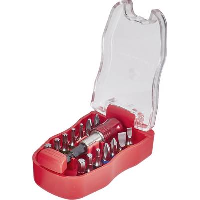 Ensemble de tournevis rouges avec couvercle transparent, comprenant différents embouts interchangeables.