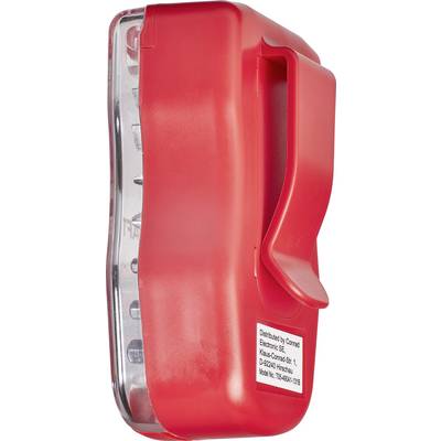 Lampe de poche compacte rouge avec clip latéral et couvercle avant transparent. Adaptée pour une fixation sans les mains.
