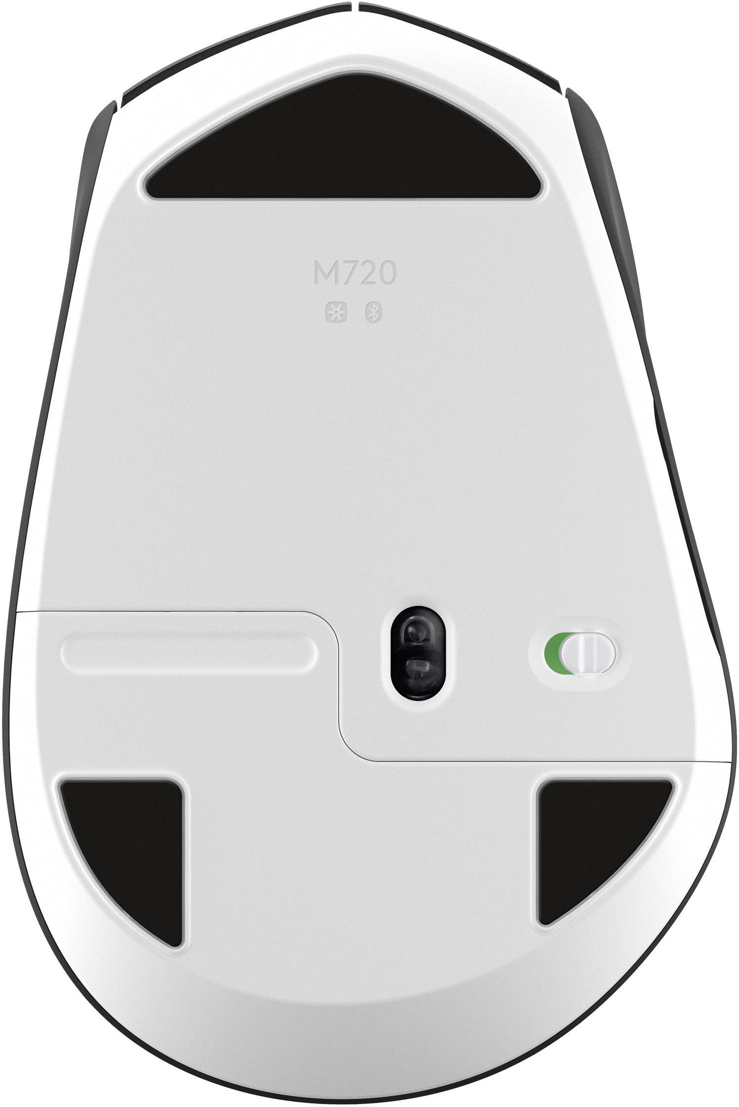 Le dessous d'une souris d'ordinateur avec un interrupteur marche/arrêt et un capteur optique, numéro de modèle 'M720'.