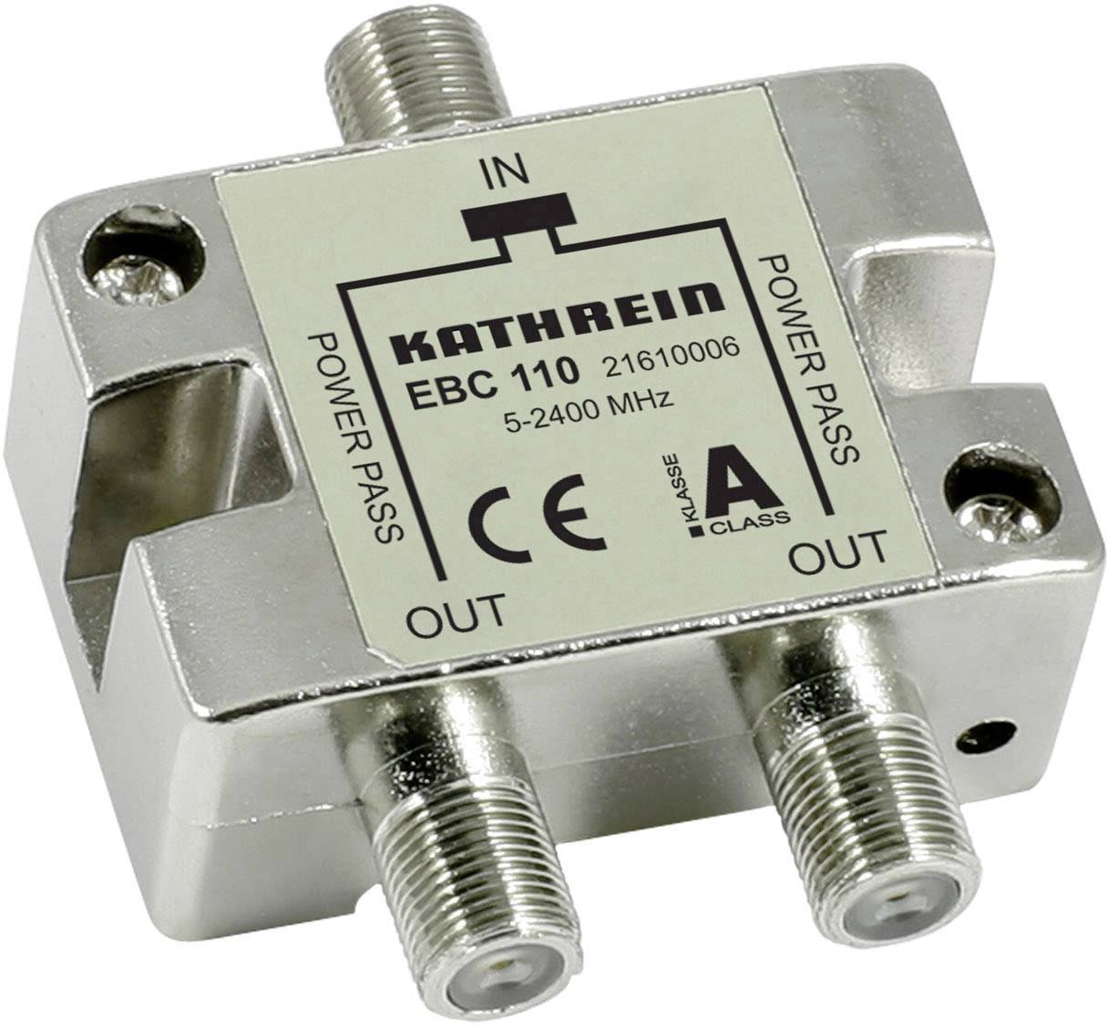 Un répartiteur métallique pour câbles coaxiaux avec trois connexions, marqué 'Kathrein EBC 110' et '5-2400 MHz'.