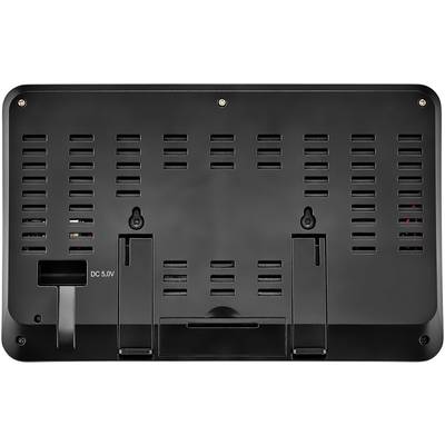 Vue arrière d'un appareil électronique noir avec plusieurs fentes de ventilation et un port DC 5,0V, support déplié.