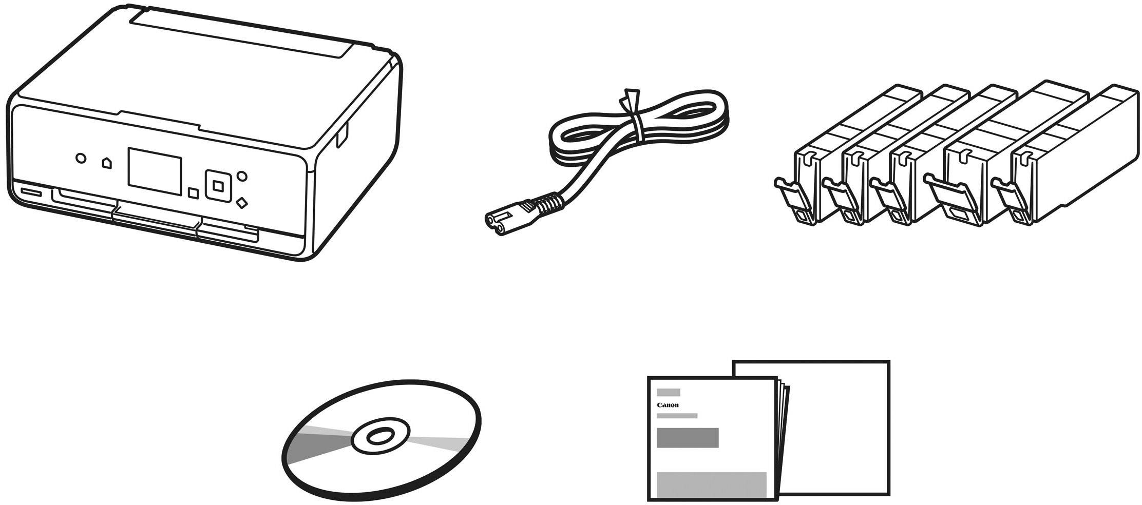 Un kit de configuration d'imprimante, comprenant une imprimante, un câble USB, quatre cartouches d'encre, un CD et des manuels d'utilisation.