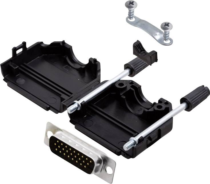 Un boîtier noir ouvert pour une prise D-Sub avec deux vis et un support métallique ; connecteur visible avec 15 broches.