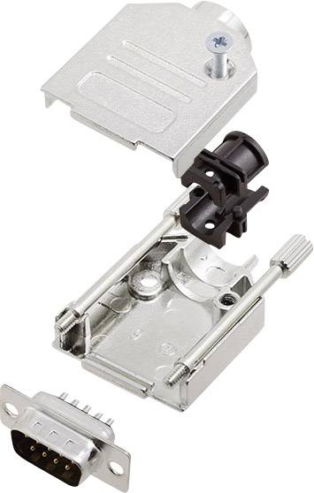 Vue éclatée d'un boîtier métallique pour un connecteur Sub-D, montrant les vis et les éléments de fixation dans différentes positions.