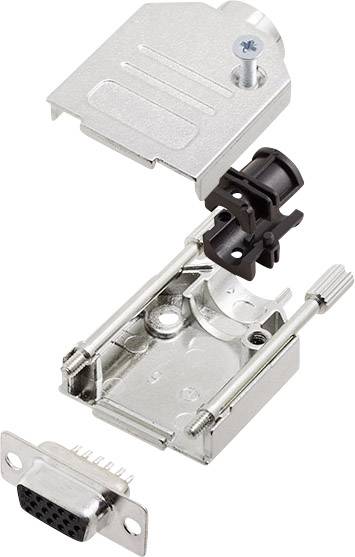 Boîtier métallique pour fiche VGA présenté en pièces détachées : couvercle supérieur, support, connexions à vis et embase de connecteur.