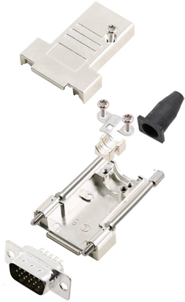 Connecteur D-Sub ouvert, montrant les composants individuels tels que le boîtier métallique, les vis, le capuchon en plastique et les broches de contact en vue éclatée.