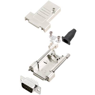 Connecteur D-Sub ouvert, montrant les composants individuels tels que le boîtier métallique, les vis, le capuchon en plastique et les broches de contact en vue éclatée.