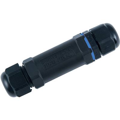 Un connecteur de câble noir avec des extrémités cannelées et un marquage bleu, adapté aux applications extérieures, est posé sur un fond blanc.
