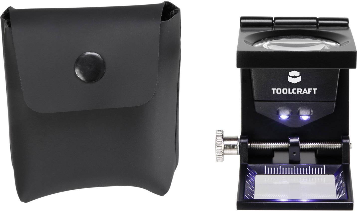 Loupe de poche avec éclairage LED et pochette de rangement de Toolcraft. Idéale pour des observations détaillées et une utilisation mobile.