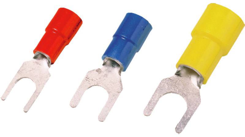 Trois cosses de câble à fourche avec des isolations rouge, bleue et jaune, alignées sur une surface blanche.