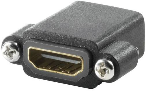 Un adaptateur HDMI avec une prise et des vis des deux côtés. Il est noir avec un connecteur doré.