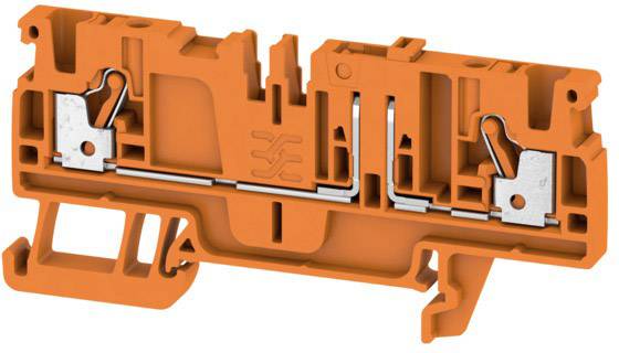 Support de plastique orange avec des pinces métalliques, utilisé pour les connexions électriques dans les armoires électriques.