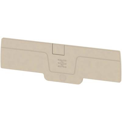 Pièce en plastique beige avec un bord arrondi et un symbole central ; probablement une pièce de rechange ou un composant industriel.