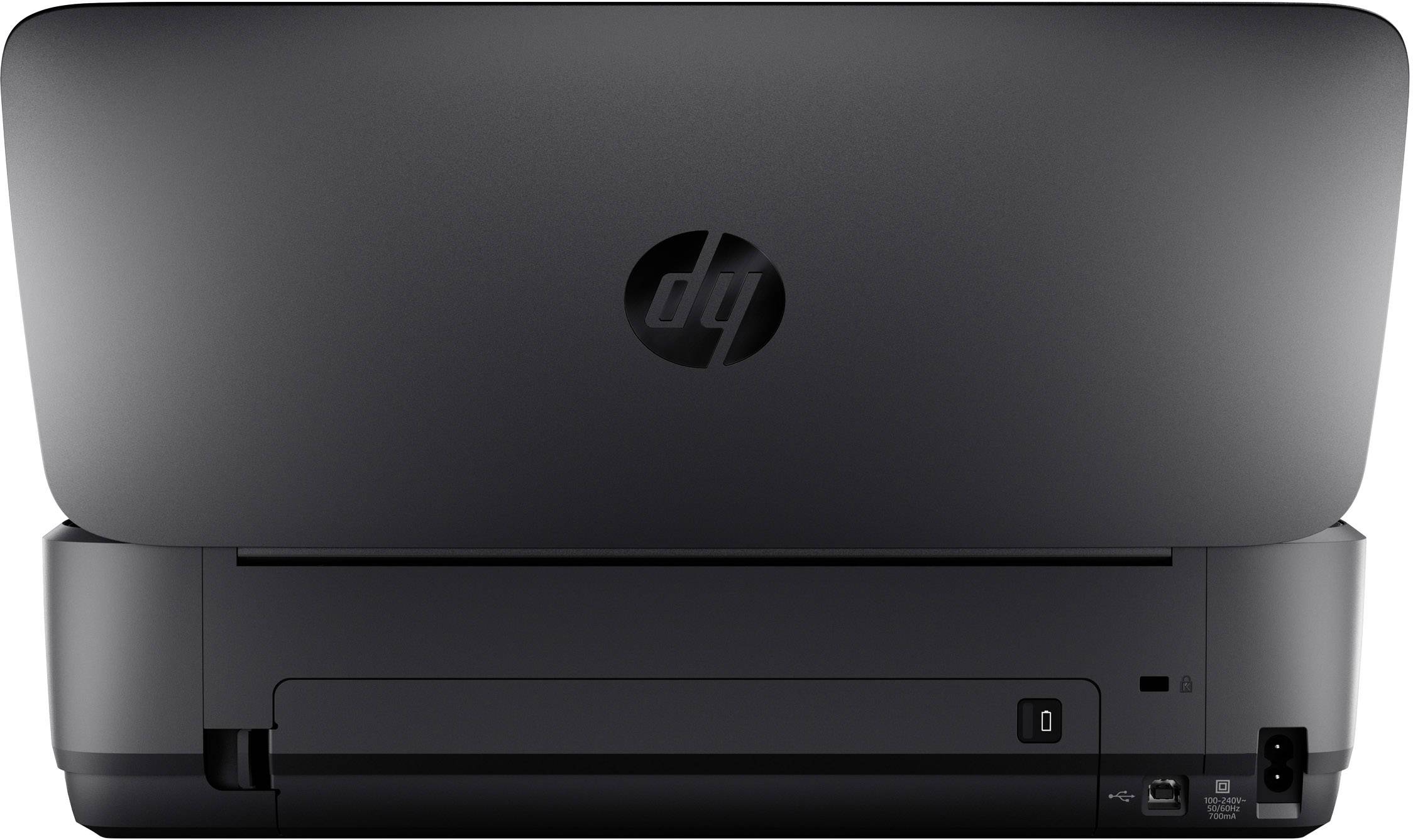 Une imprimante noire avec un chargeur de papier fermé est visible de dos. Elle dispose d'une prise d'alimentation et d'une interface USB.