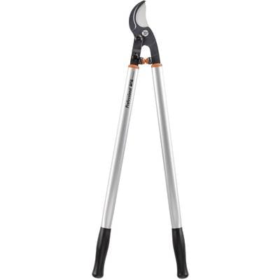 Sécateur à long manche avec une lame noire, adapté pour couper des branches épaisses et des arbustes.