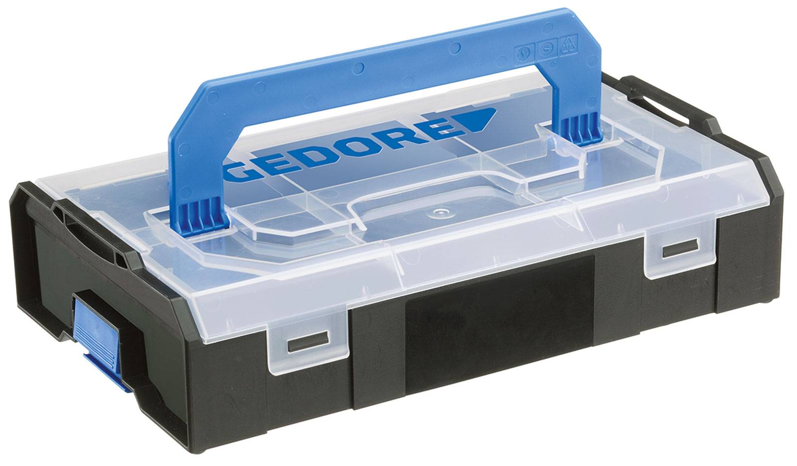 Coffret à outils noir avec couvercle transparent et poignée bleue, marqué 'GEDORE'.