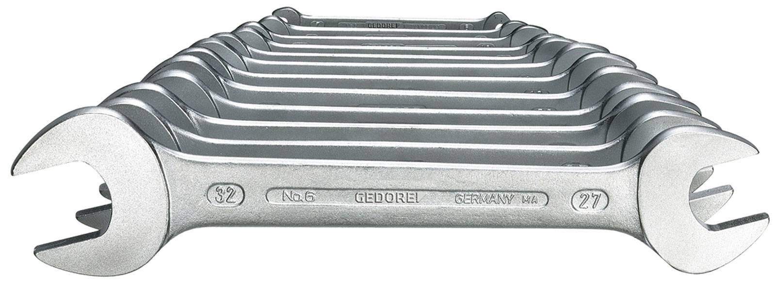 Une pile de dix clés à fourche ouvertes, triées par taille, de la plus petite à la plus grande ; marquées 'GEDORE Germany'.