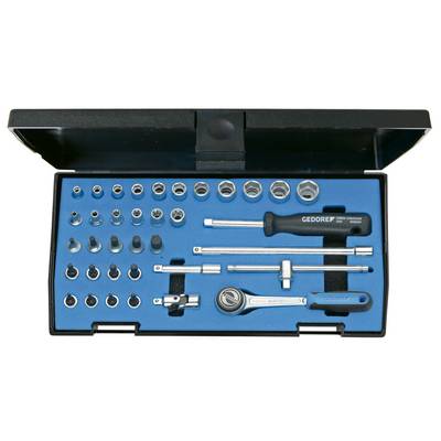 Coffret à outils avec cliquet, rallonges, jeux de douilles et d'embouts ; coffret noir avec outils rangés dans un fond bleu.