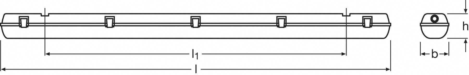 Dessin technique d'un boîtier allongé avec les dimensions 'h', 'i' et 'b', et des supports visibles en haut.