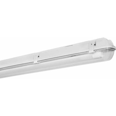 Plafonnier LED blanc de forme rectangulaire, avec des diffuseurs transparents et des supports métalliques à chaque extrémité, conçu pour l'éclairage intérieur.