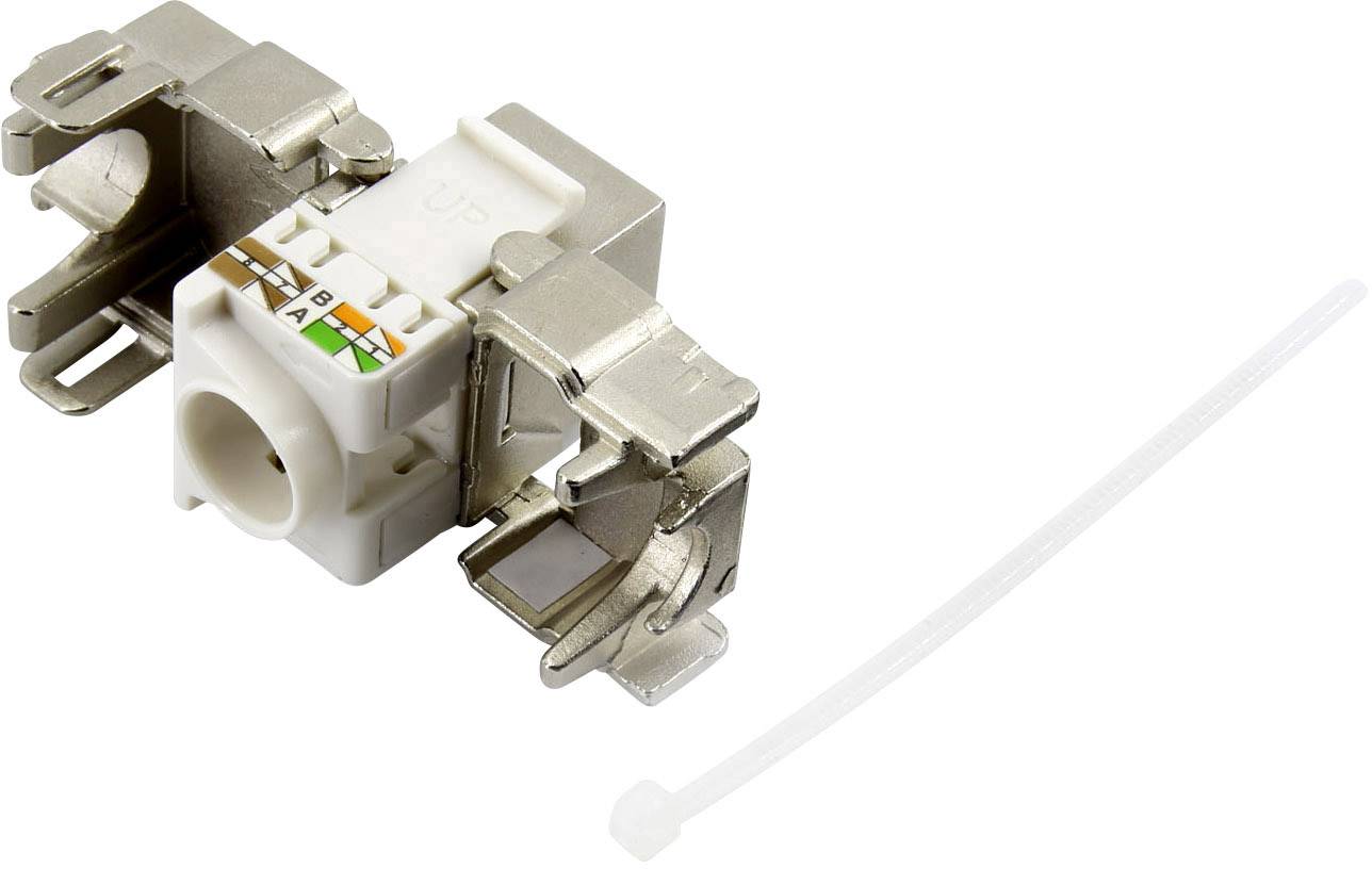 Module de connecteur réseau avec boîtier métallique, présentant des bornes de connexion codées par couleur et incluant un serre-câble transparent.