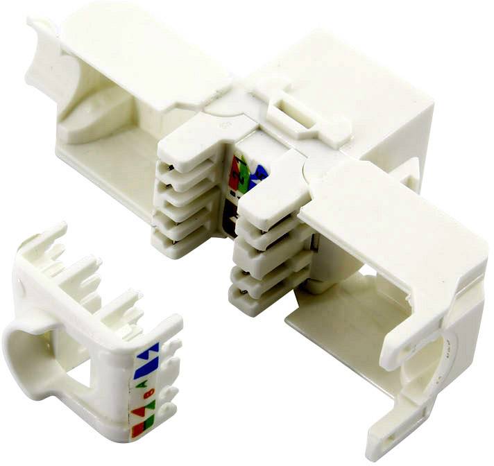 Un connecteur blanc, modulaire, avec des marquages de couleur pour la connexion de câbles dans des systèmes de réseau.
