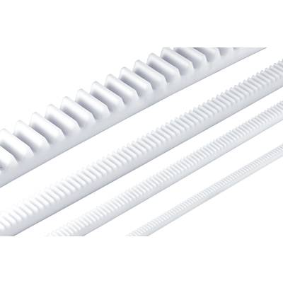 Trois rails dentés blancs de différentes tailles et espacements, disposés parallèlement. Adaptés aux applications mécaniques.