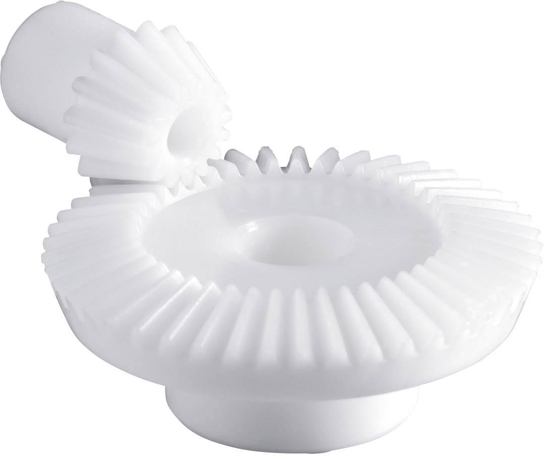 Deux roues dentées blanches en plastique imbriquées l'une dans l'autre, l'une verticale et l'autre horizontale, illustrant une connexion mécanique.