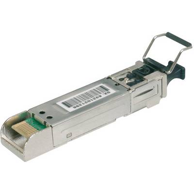 Un module de transceiver optique avec un code-barres sur le dessus, un boîtier métallique et un mécanisme de levier à une extrémité.