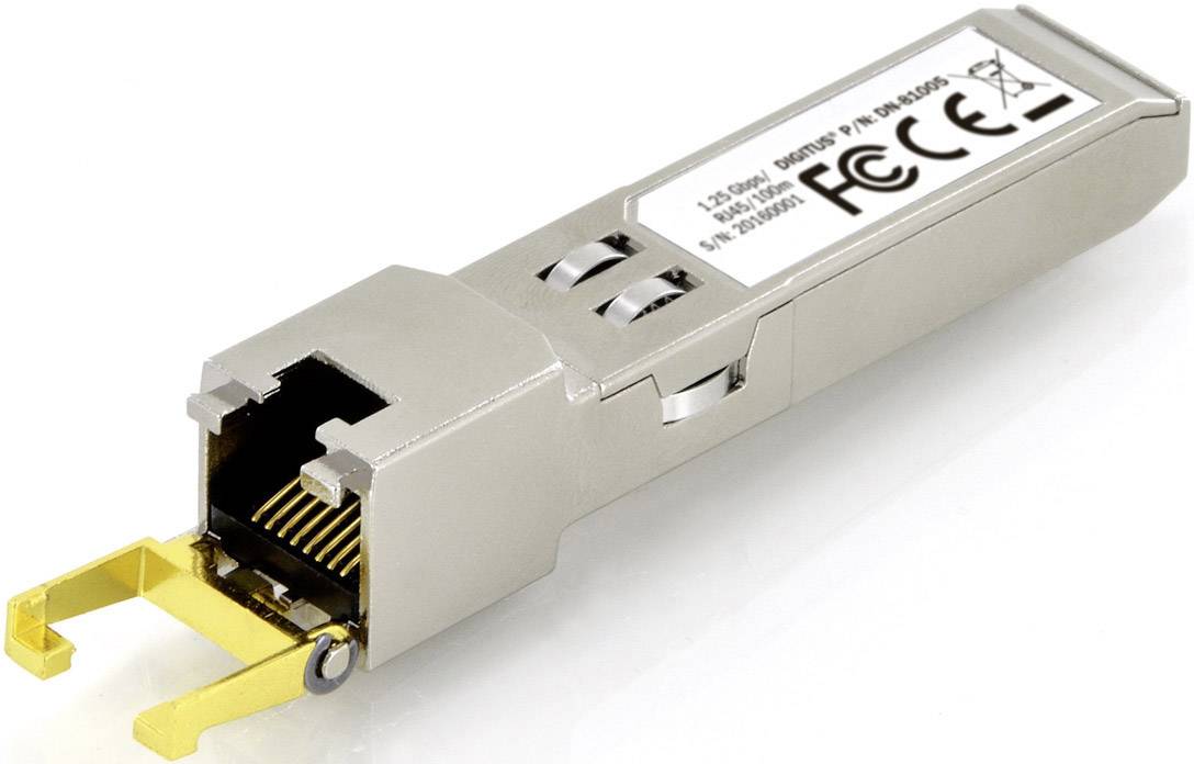 Module SFP avec boîtier métallique, contacts dorés visibles. Il s'agit d'un module transceiver pour la mise en réseau dans les réseaux informatiques.
