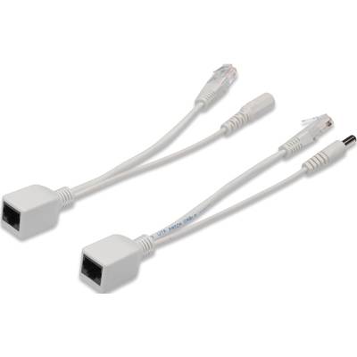 Deux câbles adaptateurs Ethernet PoE blancs avec connecteurs et ports RJ45. Ils sont conçus pour l'alimentation électrique via Ethernet.