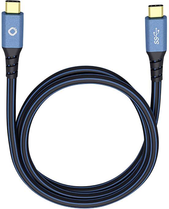Un câble USB-C bleu-noir avec des connecteurs dorés aux deux extrémités, adapté pour un transfert de données rapide et la charge.
