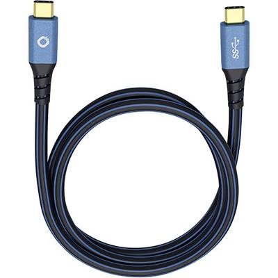 Un câble USB-C bleu-noir avec des connecteurs dorés aux deux extrémités, adapté pour un transfert de données rapide et la charge.