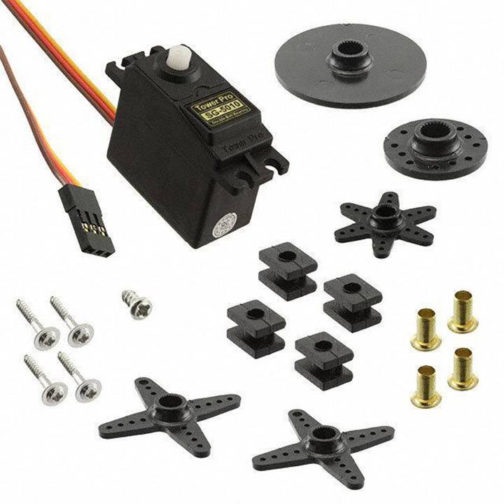 Un ensemble de servo-moteur comprend un servo-moteur noir, des vis, des cornes en plastique et des pièces de connexion, adapté aux projets de modélisme.