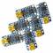 Six cartes de circuits imprimés d'adaptateurs USB bleus avec des connexions jaunes sont disposées en cercle. Elles montrent des détails des circuits électroniques.