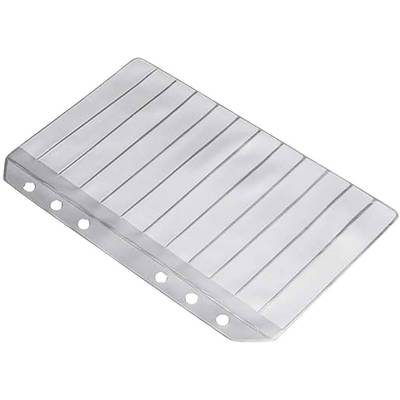 Une feuille rectangulaire transparente en plastique avec des lignes horizontales et cinq trous sur le côté gauche, probablement destinée à un classeur.
