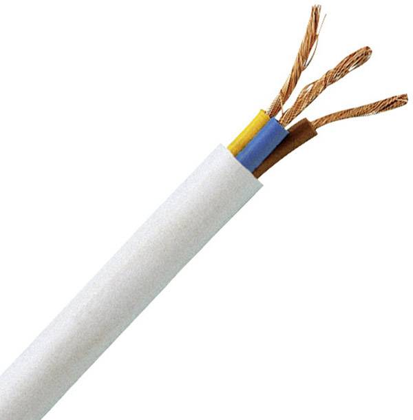 Câble électrique tripolaire avec fils de cuivre en isolation blanche, extrémités de fils ouvertes et écartées.
