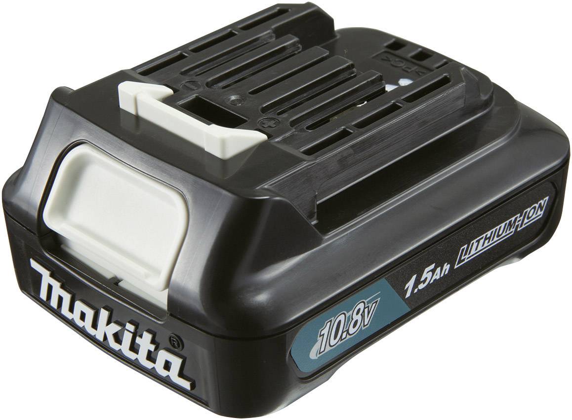Sur l'image, on peut voir une batterie Lithium-Ion Makita noire de 10,8V avec une capacité de 1,5Ah.