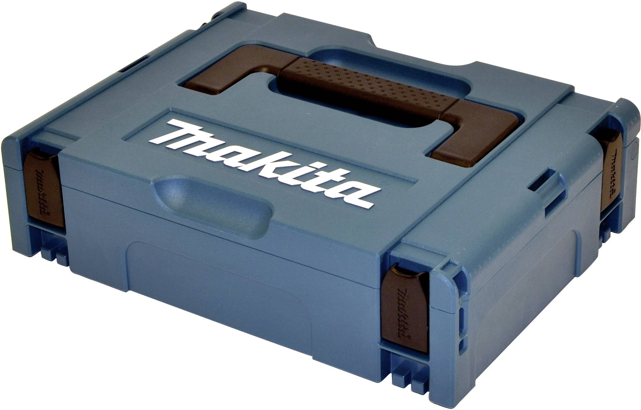 Mallette à outils Makita bleue avec couvercle fermé à portée de main, poignée de transport noire et inscription de la marque en blanc.