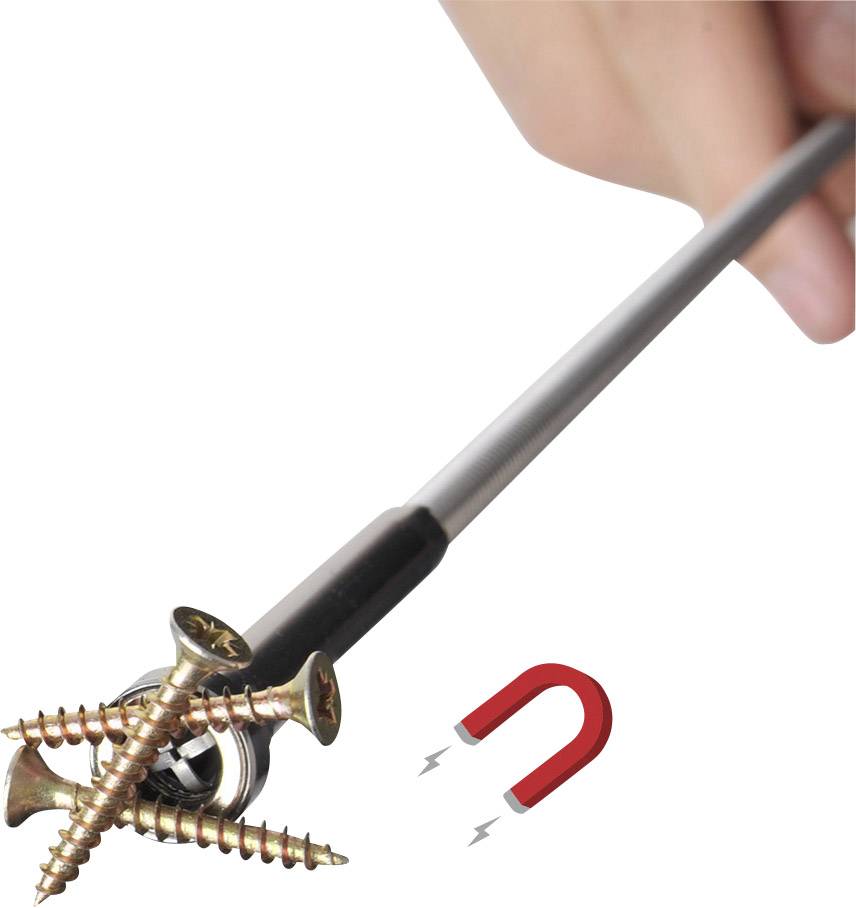 Une main tient un stylo aimanté avec plusieurs vis métalliques y adhérant. Le symbole d'un aimant avec des flèches montre la force d'attraction magnétique.