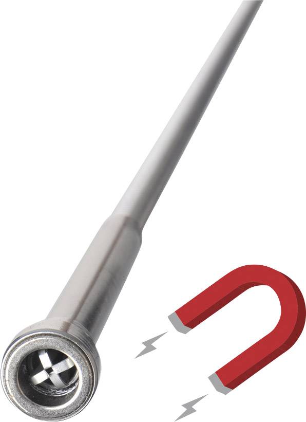 Aimant de longue portée, tige métallique cylindrique munie d'un aimant à son extrémité, capable d'attirer de petites pièces métalliques. À gauche, un aimant stylisé rouge.