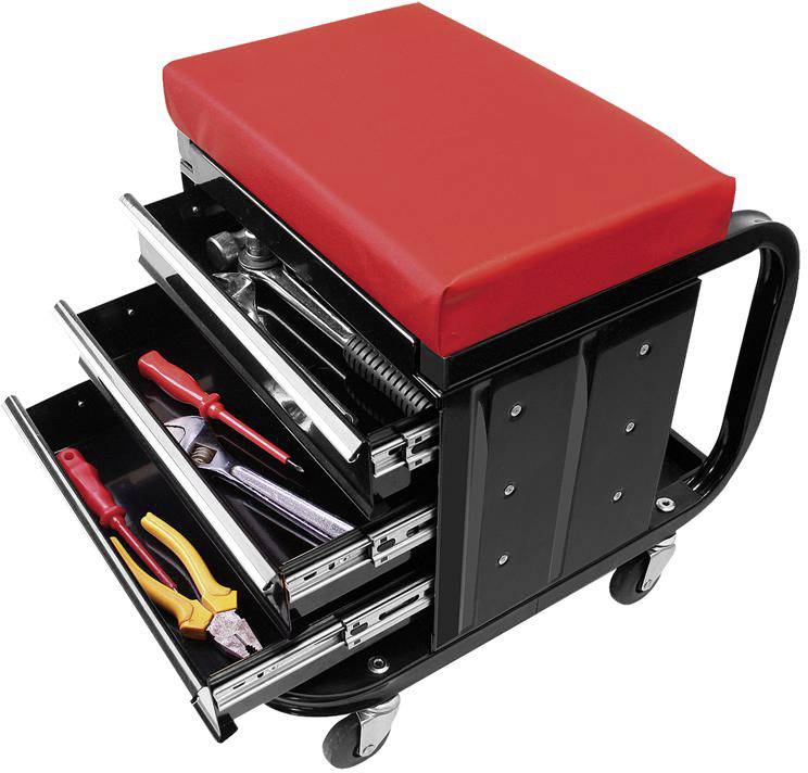 Chariot d'atelier mobile avec trois tiroirs ouverts, remplis d'outils tels que des tournevis et des pinces, et un coussin d'assise rouge.
