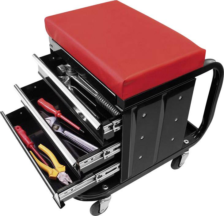 Chariot d'atelier noir avec siège rouge rembourré, équipé de trois tiroirs coulissants, remplis d'outils tels que des clés et des pinces, monté sur roulettes.