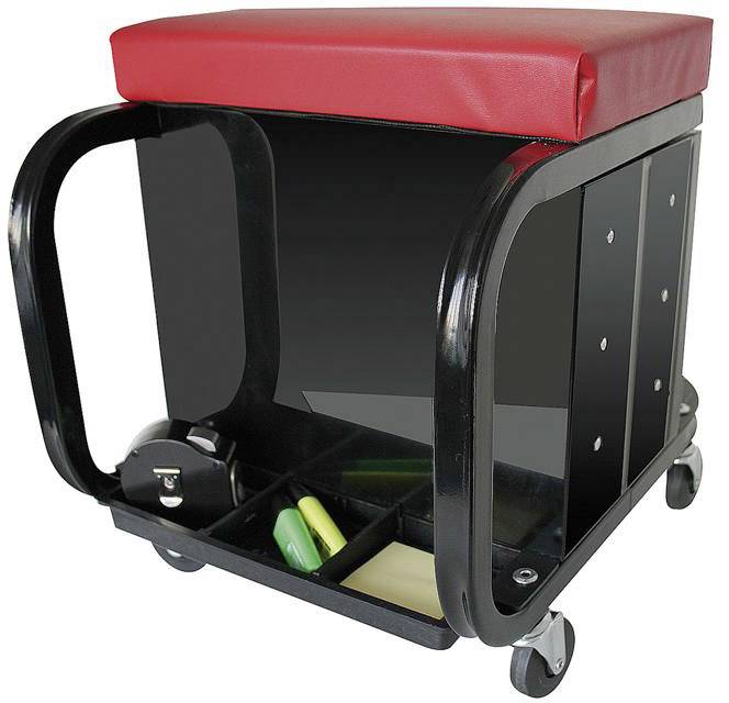 Tabouret rouge avec espace de rangement : Cadre noir avec compartiment intégré, monté sur roulettes, adapté aux fournitures de bureau.