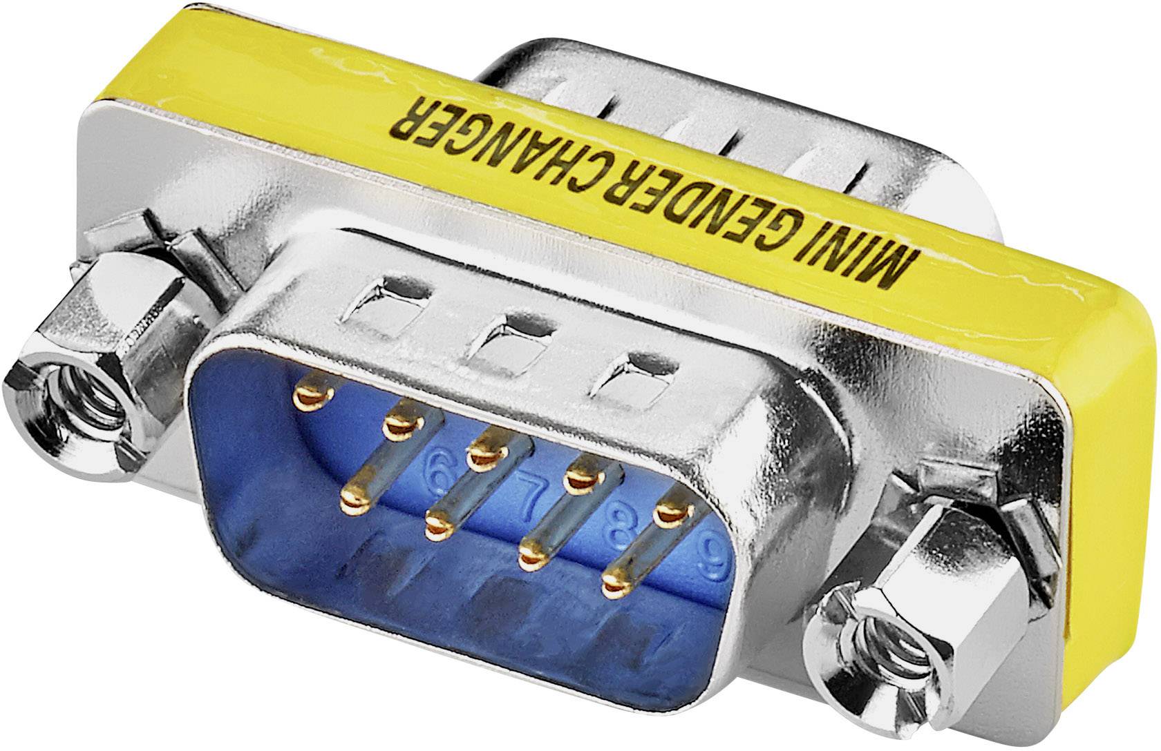 Adaptateur 'Mini Changeur de Genre' : Un adaptateur argenté, rectangulaire, avec un marquage jaune, utilisé pour convertir des connexions.